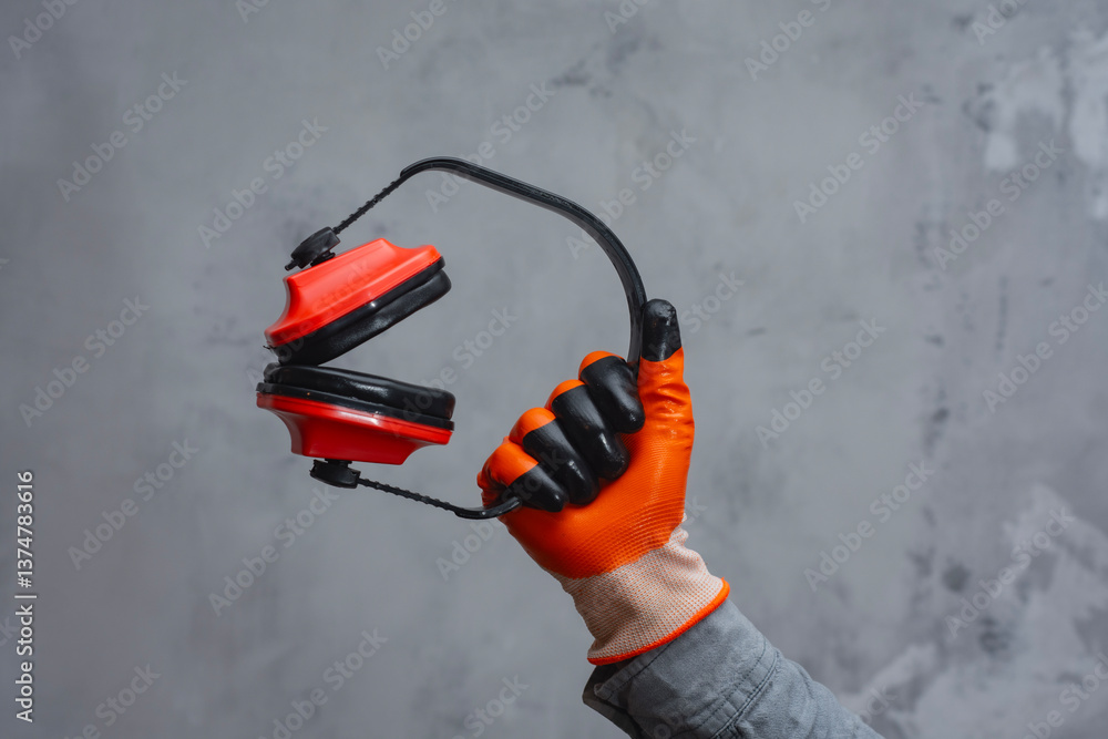 Naklejka premium A hand in an orange glove holds red protection headphones gear against a textured grey background. Concept construction safety and protection.