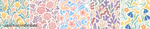 Bundle of seamless spring floral patterns with tulips, bluebells, peonies, and abstract foliage
