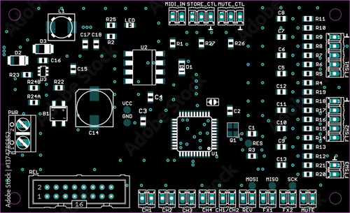 Placement of components of radio elements (contact
pads and seats) on printed circuit
board of electronic device.
Vector engineering 
drawing of pcb. Electric background. 
Computer technic cad design.