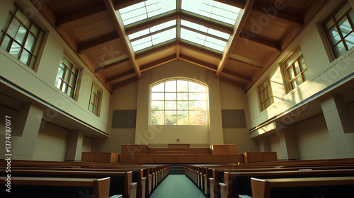 A university lecture hall with a large skylight allowing natural light to illuminate the space.