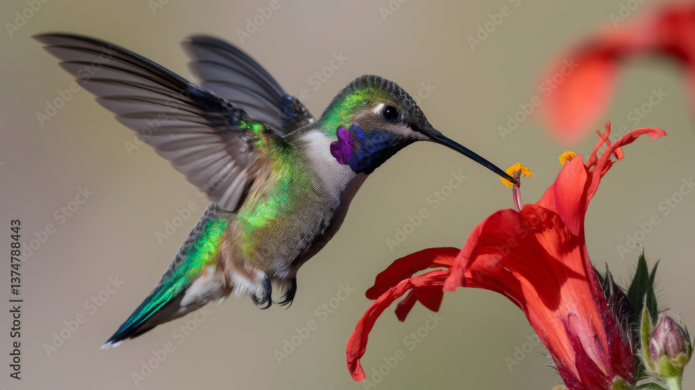 Obraz premium A breathtaking close-up of a hummingbird hovering mid-air, its iridescent green feathers shimmering in the sunlight 2