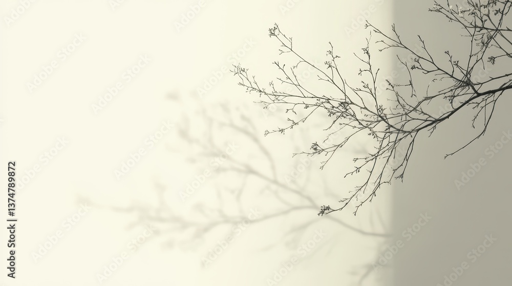 Fototapeta premium Winter's Embrace A Branch Shadow Dance Against a Pale Wall in Background Minimalist Serenity and Ethereal Beauty Capturing the Essence of Nature's Delicate Touch