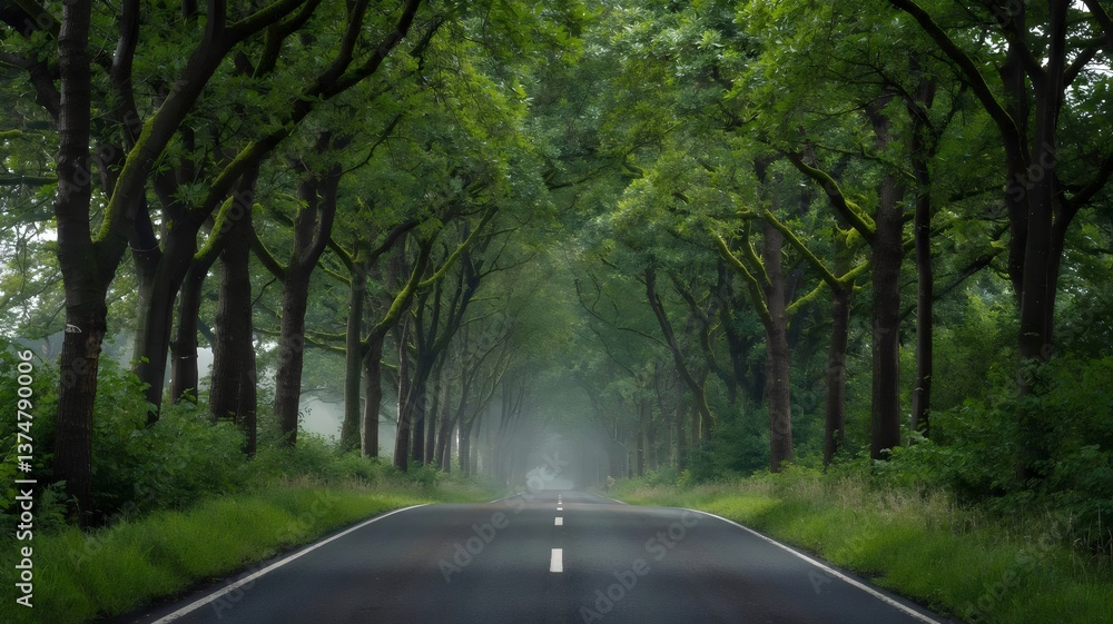 Fototapeta premium Lush green highway winding through a forest with mist and wildflowers – Perfect for serene landscapes, nature, or road trip content.