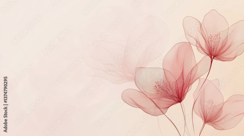 Fototapeta premium Elegant floral arrangement with delicate line art rendering, evoking a sense of serenity and subtle beauty against a light gradient background.