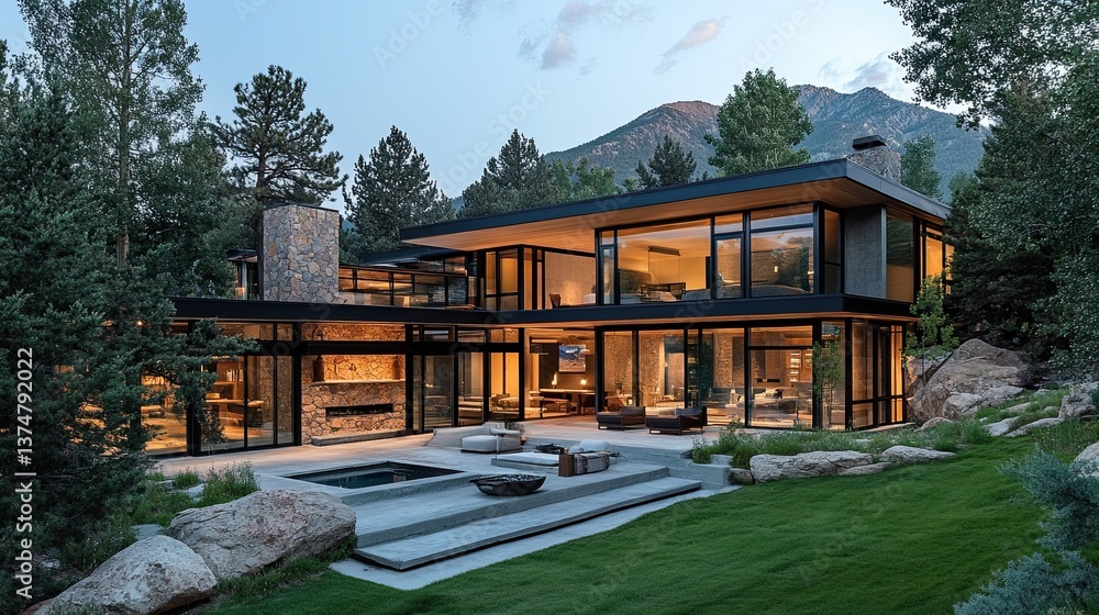 A serene modernist house with expansive glass walls nestled in the beautiful Rocky Mountains A serene modernist house with expansive glass walls nestled in the beautiful Rocky Mountains