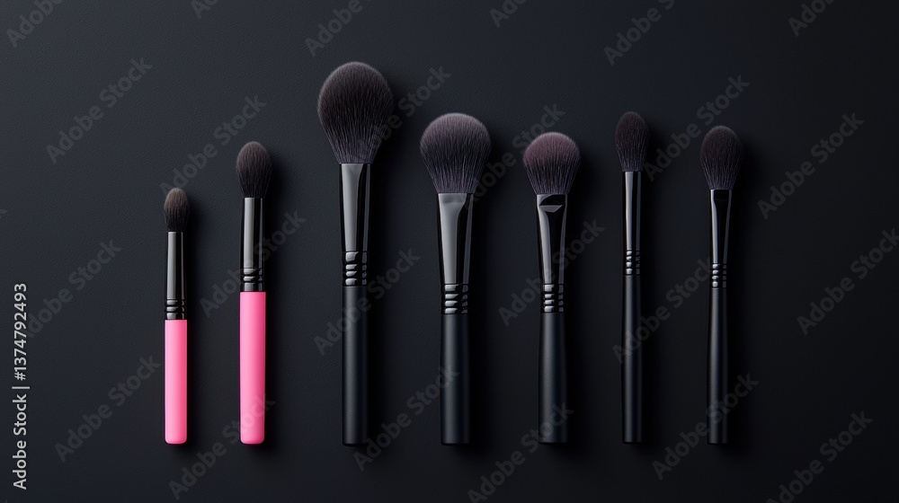 Group of makeup brushes arranged in a row on a black background. there are six brushes in total, each with a different size and shape. the brushes have black handles and pink bristles. Group of makeup brushes arranged in a row on a black background. there are six brushes in total, each with a different size and shape. the brushes have black handles and pink bristles.