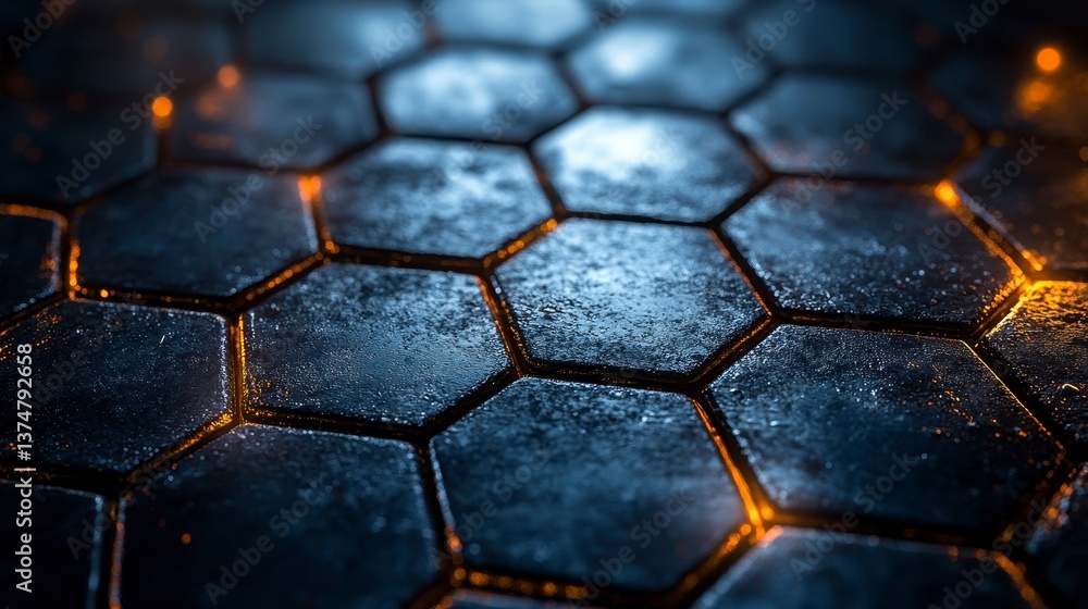 Dark, textured hexagonal tiles with orange highlights and shallow depth of field Dark, textured hexagonal tiles with orange highlights and shallow depth of field