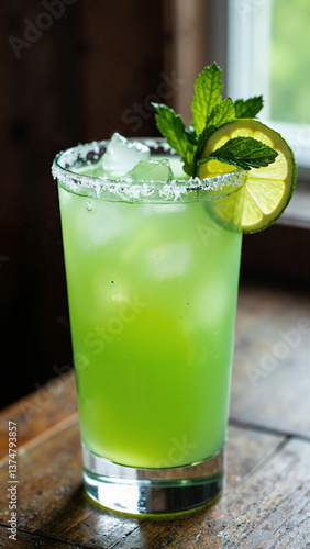 Classic margarita cocktail in a stylish glass with lime and mint garnish, isolated on transparent background, perfect for bar menus, beverage ads, and lifestyle blogs    keywords:   margarita, 