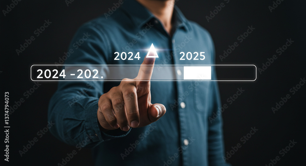 A person confidently stepping into 2025, navigating the transition from 2024 with a futuristic, glowing interface. A person confidently stepping into 2025, navigating the transition from 2024 with a futuristic, glowing interface.