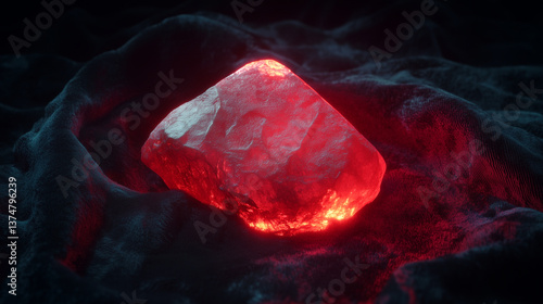 Close-up of an ancient philosopher's stone resting on a velvet cloth, pulsing with red light.