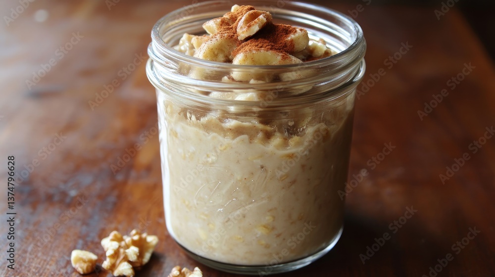 On a wooden table, a jar containing oatmeal and topped with a cinnamon stick is situated On a wooden table, a jar containing oatmeal and topped with a cinnamon stick is situated