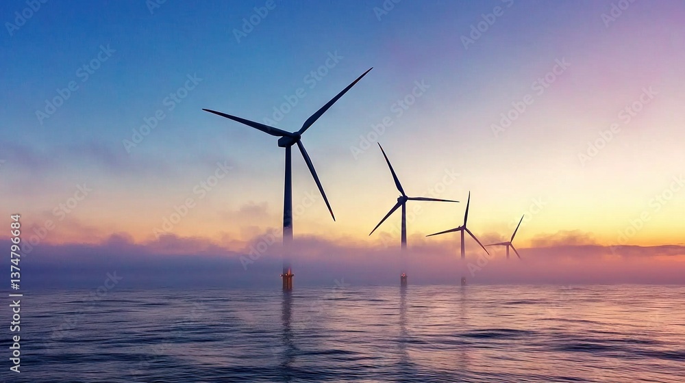 A flock of wind turbines gliding over a tranquil pond, bathed in twilight hues of azure and gold A flock of wind turbines gliding over a tranquil pond, bathed in twilight hues of azure and gold