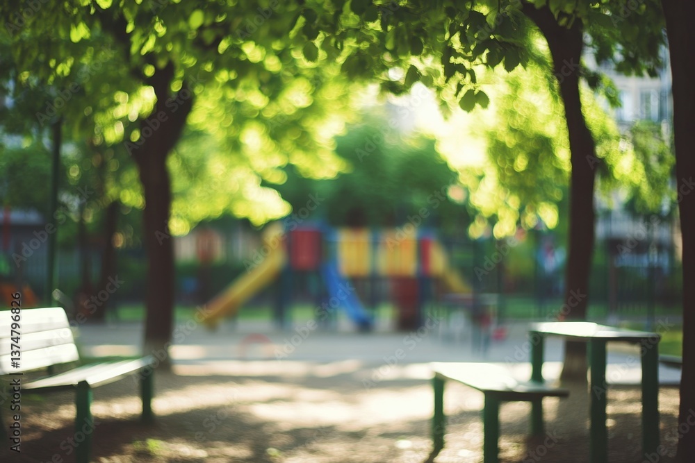 Blurred children's playground with a blurry background, blurred focus, depth of field, green trees and white benches, natural lighting Generative AI Blurred children's playground with a blurry background, blurred focus, depth of field, green trees and white benches, natural lighting Generative AI