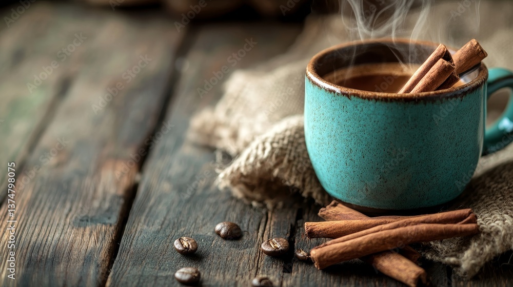 A rustic wooden table holds a steaming cup of coffee, accompanied by a burlap coaster and cinnamon sticks A rustic wooden table holds a steaming cup of coffee, accompanied by a burlap coaster and cinnamon sticks