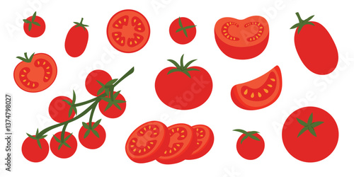 Tomato set with whole tomato, cherry tomatoes on branch, slices and cut pieces. Fresh organic vegetables for cooking, salad, healthy eating. Flat vector illustration on white.