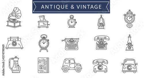 Antique & Vintage Item Icons.  Nostalgic graphic design.
