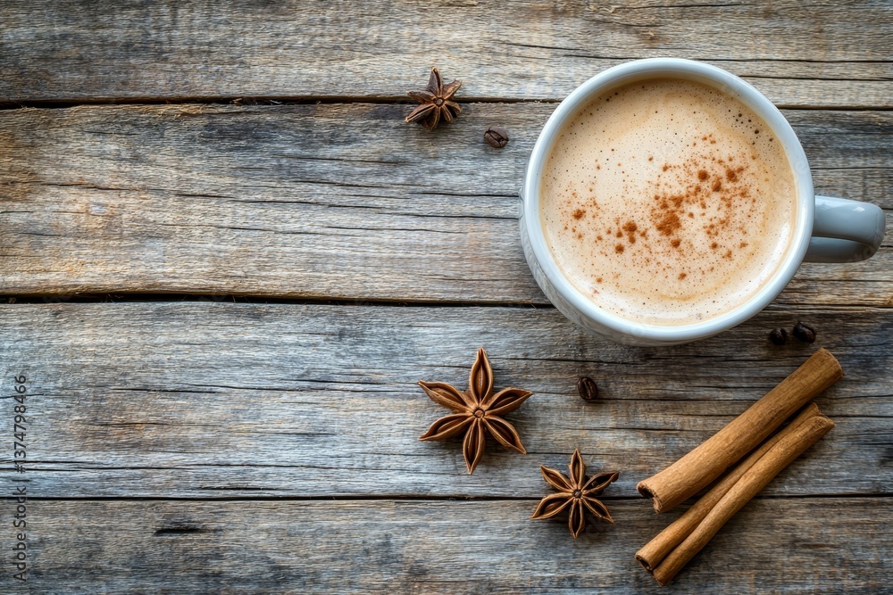 Savoring the warmth of a spiced coffee infused with cinnamon and star anise while seated at a rustic wooden table on a cozy morning Savoring the warmth of a spiced coffee infused with cinnamon and star anise while seated at a rustic wooden table on a cozy morning