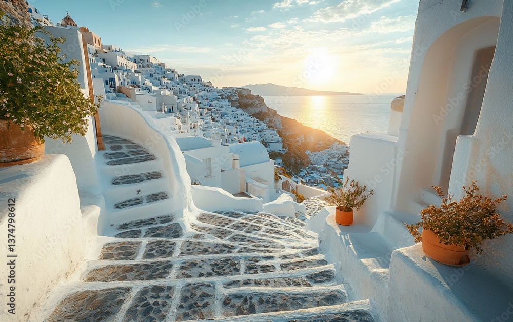 Obraz premium Santorini Sunrise Whitewashed Charm With Ocean Views suitable for real estate listing