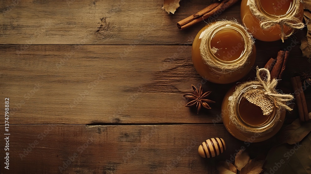 The scene features honey jars, cinnamon sticks, and a wooden table set against an autumn background, perfect for a food blog The scene features honey jars, cinnamon sticks, and a wooden table set against an autumn background, perfect for a food blog