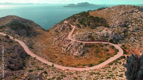 Drone Video of Cap Formentor, winding road on Mallorca, Spain