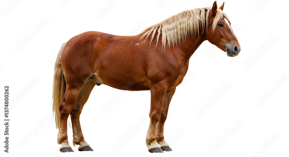 Obraz premium Standing horse with light mane and brown coat in neutral setting