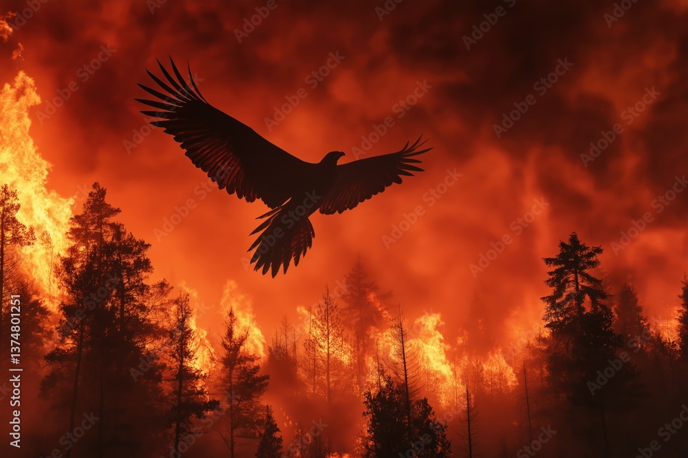 Obraz premium Bird soaring above raging forest fire 