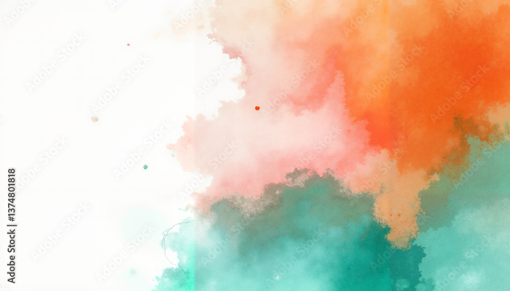 Fototapeta premium Abstract Watercolor Spots in Blending Warm (Orange/Red) and Cool (Green/Turquoise) Tones with White Transition, Resembling Multicolored Clouds