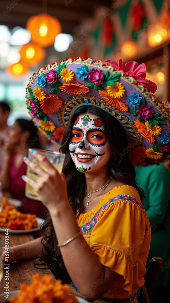 Cheerful woman in traditional Mexican attire celebrating Day of the Dead with tequila toast, isolated on transparent background, ideal for cultural events, tequila ads, and travel blogs keywords Cheerful woman in traditional Mexican attire celebrating Day of the Dead with tequila toast, isolated on transparent background, ideal for cultural events, tequila ads, and travel blogs keywords