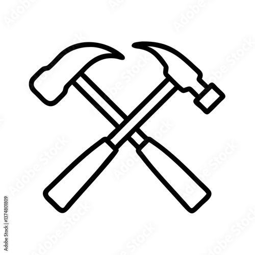 Crossed Hammers Icon in Minimalist Style Representing Construction, vector