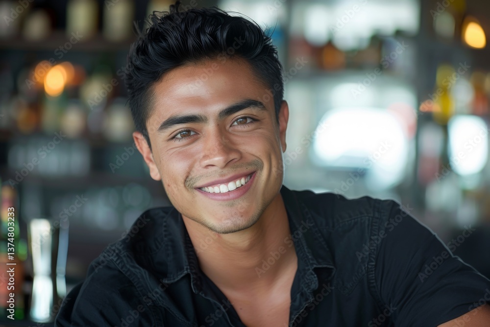 Fototapeta premium Smiling portrait of a young Hispanic male bartender in a modern bar
