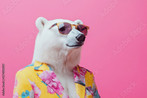 Unique Polar Bear Portrait. Sunglasses and Colorful Robe. Funny Animal with Style. Pink Background. Whimsical Wildlife. Stock Image. Pet Fashion. Generative AI.