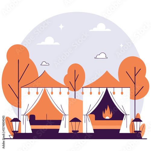 A stylish glamping scene featuring luxury tents and modern amenities. Perfect for outdoor travel and leisure themes.	