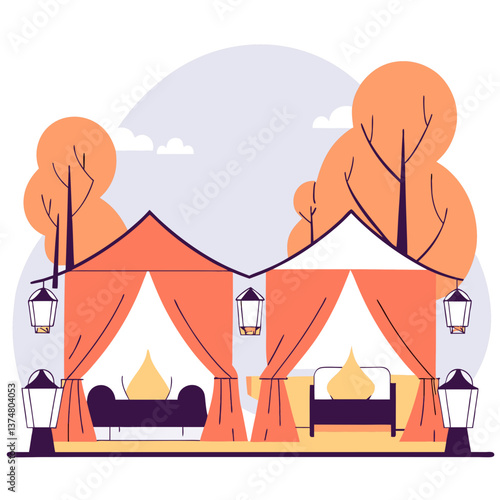A stylish glamping scene featuring luxury tents and modern amenities. Perfect for outdoor travel and leisure themes.	