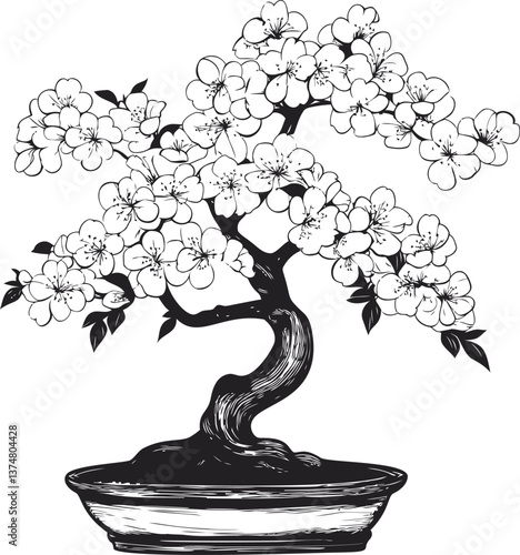 Intricate bonsai tree with blooming flowers in black and white illustration. Vector illustration
