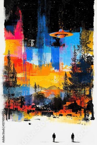 Captivating Retro Futuristic UFO Scene with Silhouetted Figures and Vibrant Cityscape