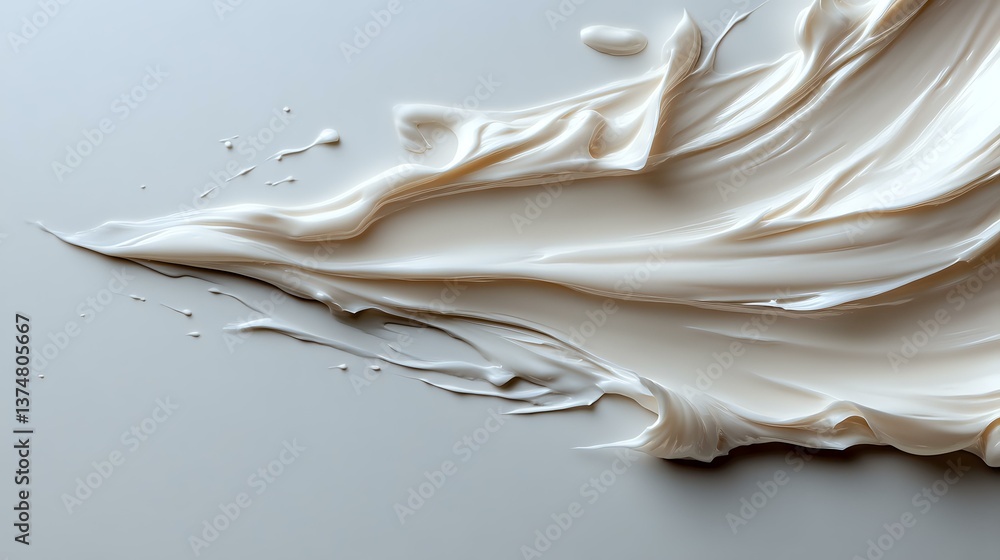 Smooth flowing white cream texture with elegant swirls and ripples creating abstract organic shapes against light background, luxury cosmetic product background.