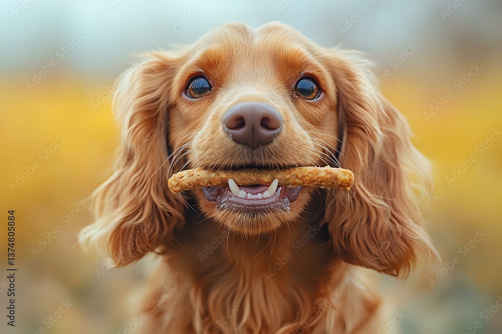 Playful cocker spaniel puppy with bright blue eyes holding treat stick in mouth against autumn background, close up portrait showing happy expression and golden fur. Playful cocker spaniel puppy with bright blue eyes holding treat stick in mouth against autumn background, close up portrait showing happy expression and golden fur.