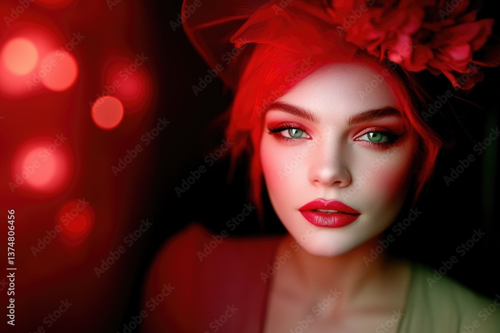 Elegant young female with red hat and floral accent in dramatic lighting Elegant young female with red hat and floral accent in dramatic lighting