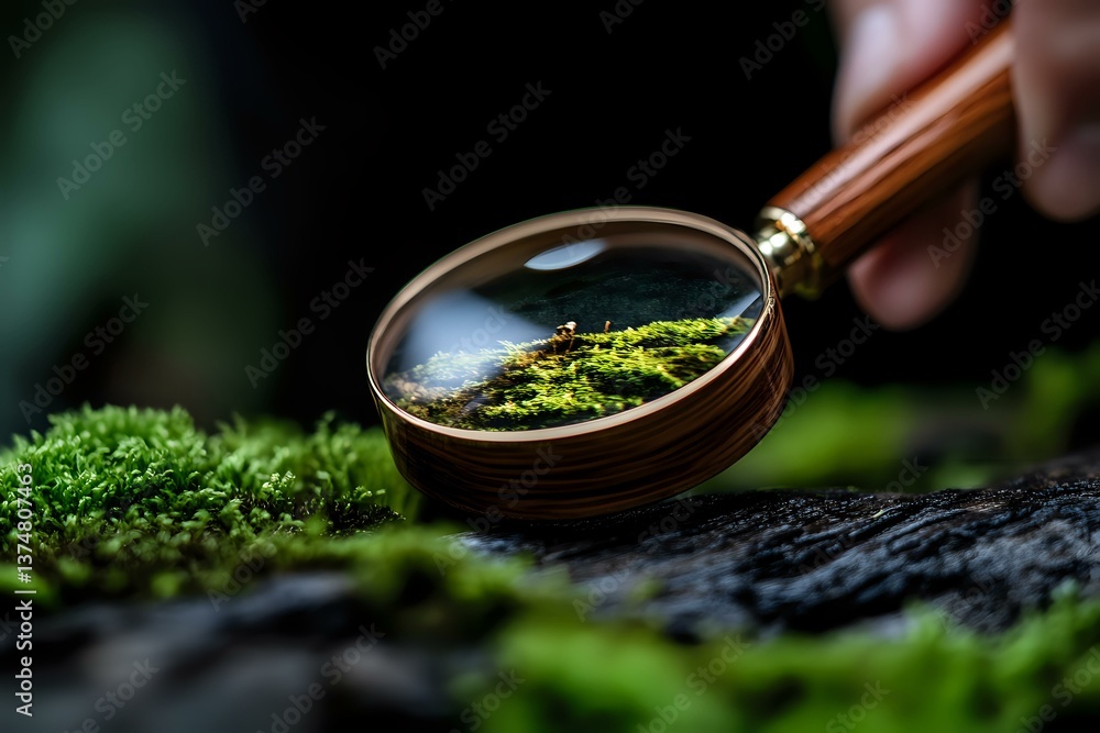 Φωτογραφία Vintage magnifying glass examining green moss on dark stone, macro photography with shallow depth of field and natural bokeh background