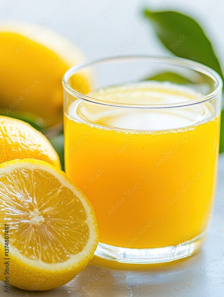 Glass of orange juice with a slice of lemon on the side. the glass is filled to the brim with the bright yellow liquid, which appears to be freshly squeezed and has a smooth texture. Glass of orange juice with a slice of lemon on the side. the glass is filled to the brim with the bright yellow liquid, which appears to be freshly squeezed and has a smooth texture.