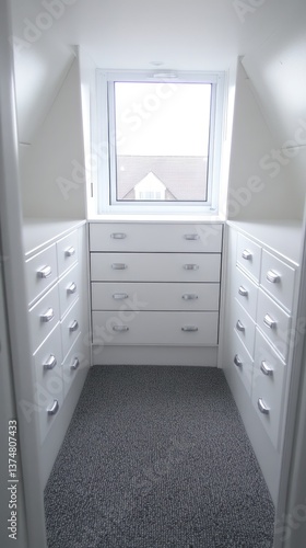 Custom closet under a sloped roof  featuring drawers and a window bringing natural light