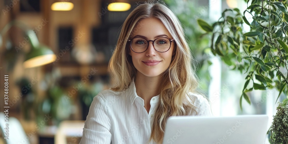 A woman wearing glasses focused on a laptop, office environment with plants in the background