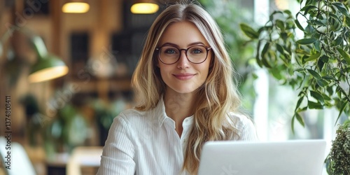 Obraz na płótnie A woman wearing glasses focused on a laptop, office environment with plants in the background w salonie