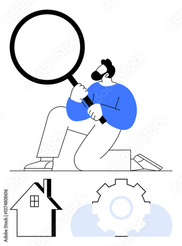 Man kneeling while holding a large magnifying glass, examining icons of a house and a gear. Ideal for research, investigation, housing, settings, decision-making, problem-solving, and process