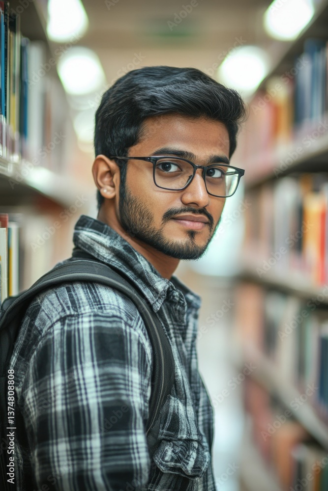 Indian male with backpack reading a book in library with shelves of books behind him. Indian male with backpack reading a book in library with shelves of books behind him.