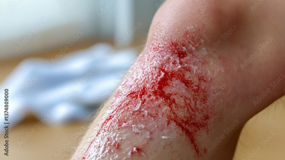 Fototapeta premium Cleaning infected second degree burn wound, applying transparent antiseptic gel on scarred leg, showing severe skin damage requiring professional medical intervention