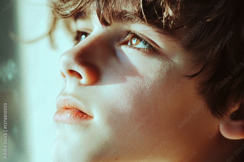 Handsome young boy with blue eyes and brown hair gazing into the distance, illuminated by warm sunlight.