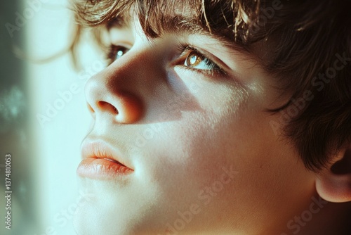 Obraz na płótnie Handsome young boy with blue eyes and brown hair gazing into the distance, illuminated by warm sunlight. w salonie