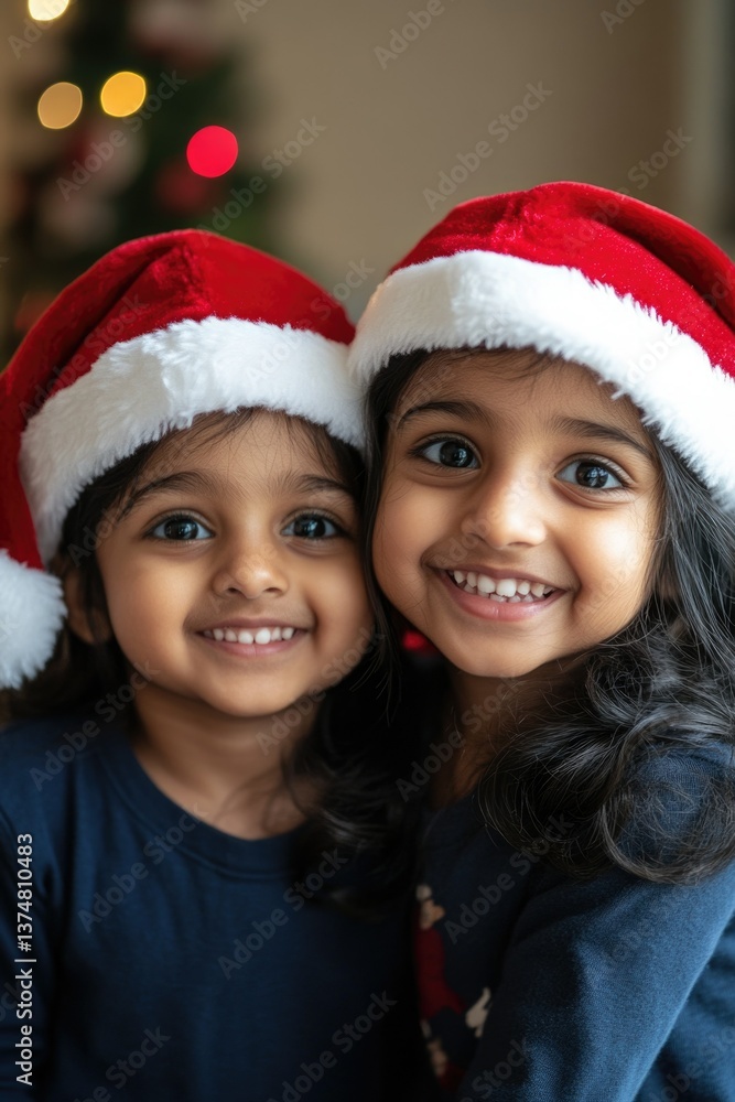 Two little girls wearing santa hats, smiling and celebrating Christmas together. Two little girls wearing santa hats, smiling and celebrating Christmas together.
