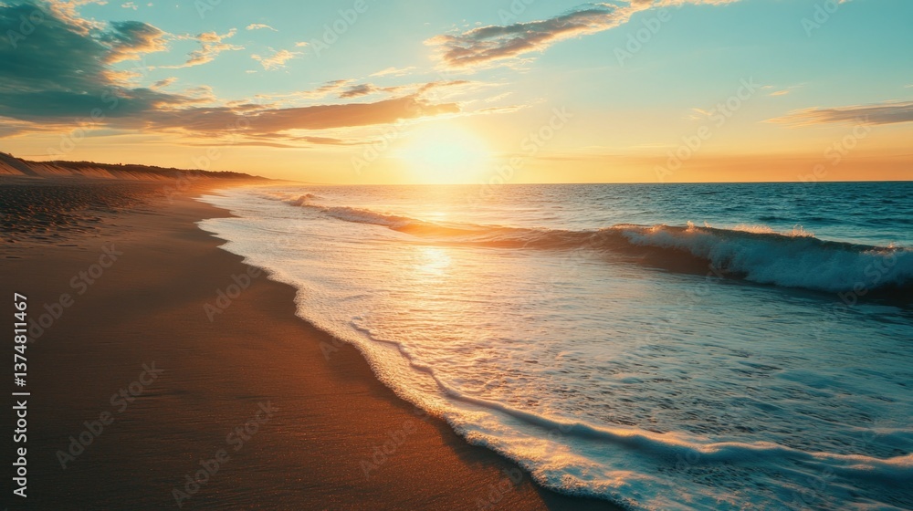 Obraz premium A serene image of a beach at sunset with the warm colors of the sky reflecting on the ocean.